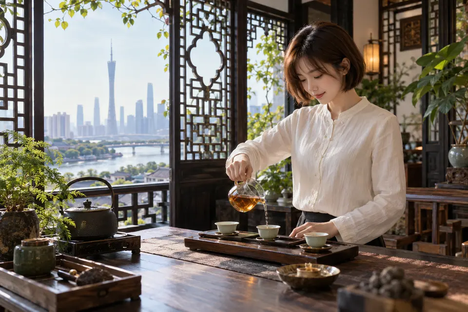 岭南花窗旁使用公道杯冲泡的茶席