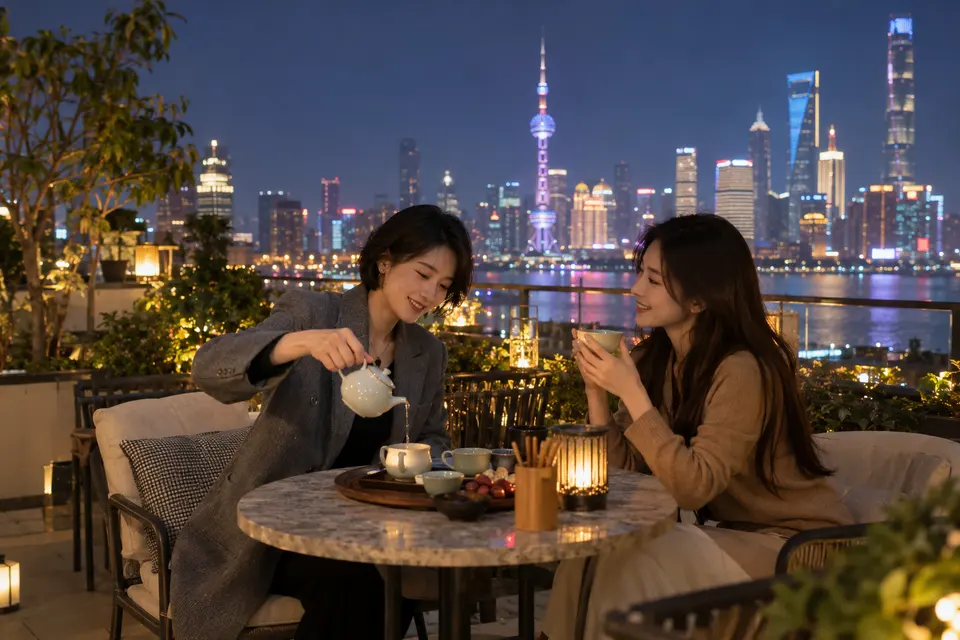 露台夜茶交流场景示意