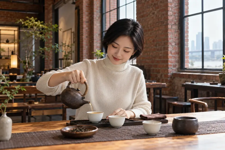 红砖改造空间中的倒茶场景