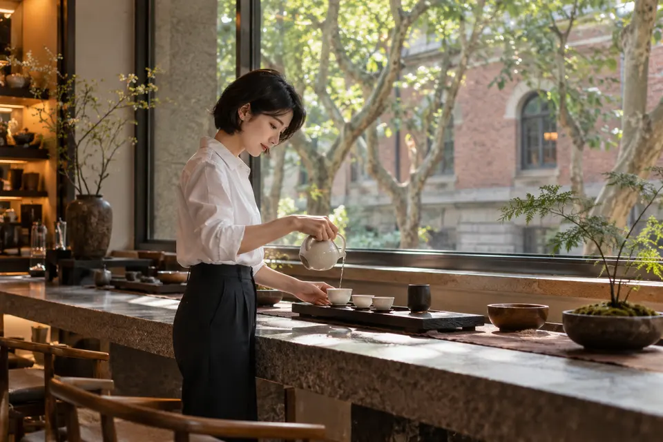 都市梧桐街区风格茶室内，白瓷茶具与倒茶场景